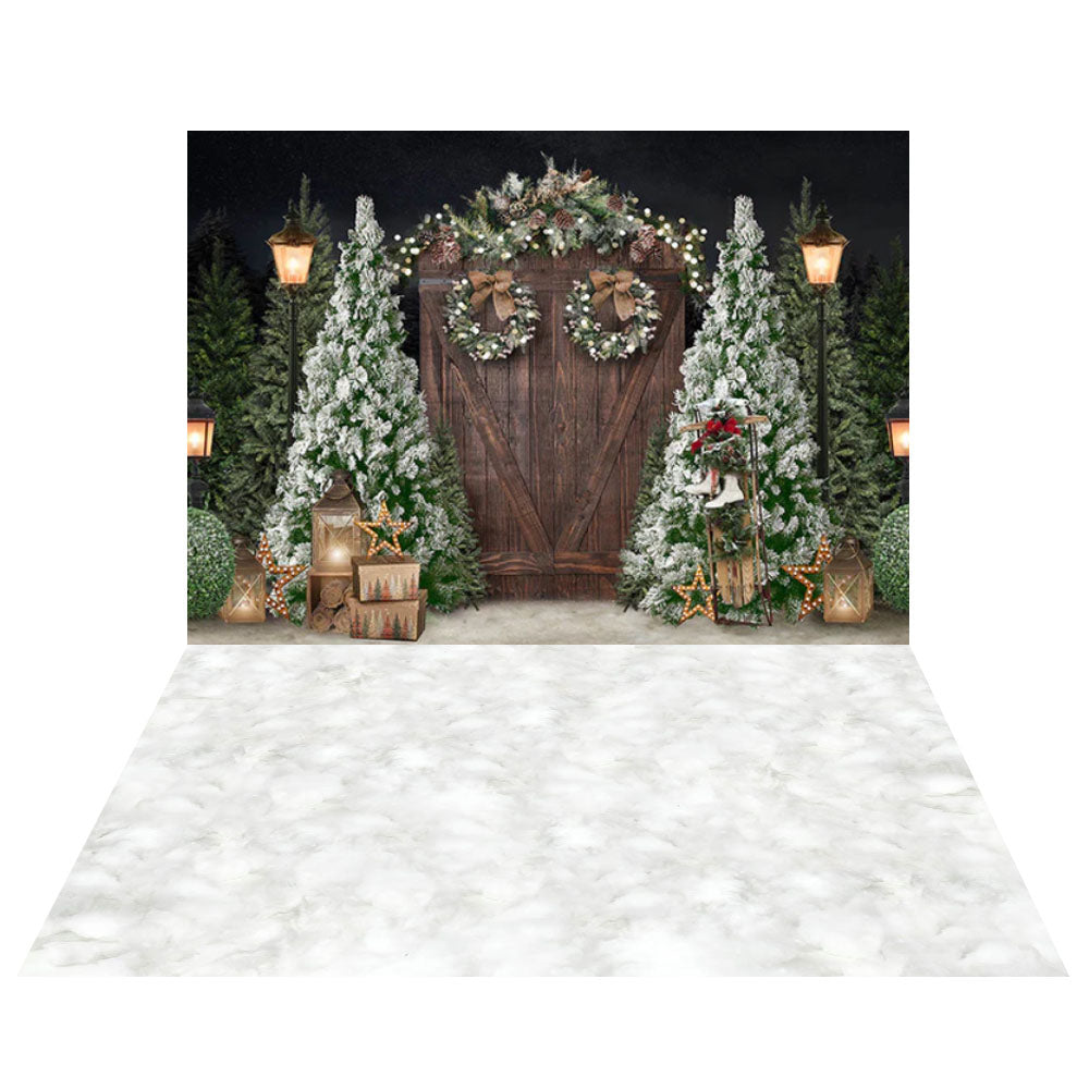 Avezano Wood Door With Wreath 2 pcs Christmas Set Backdrop-AVEZANO